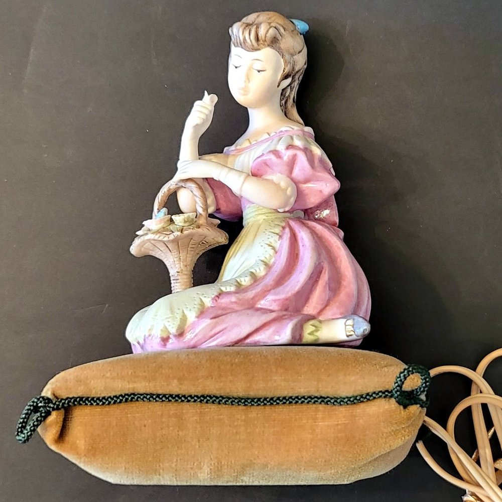 RARE Vintage Ceramic Figurine Nightlight, Girl with Basket of Flowers, 6" tall
